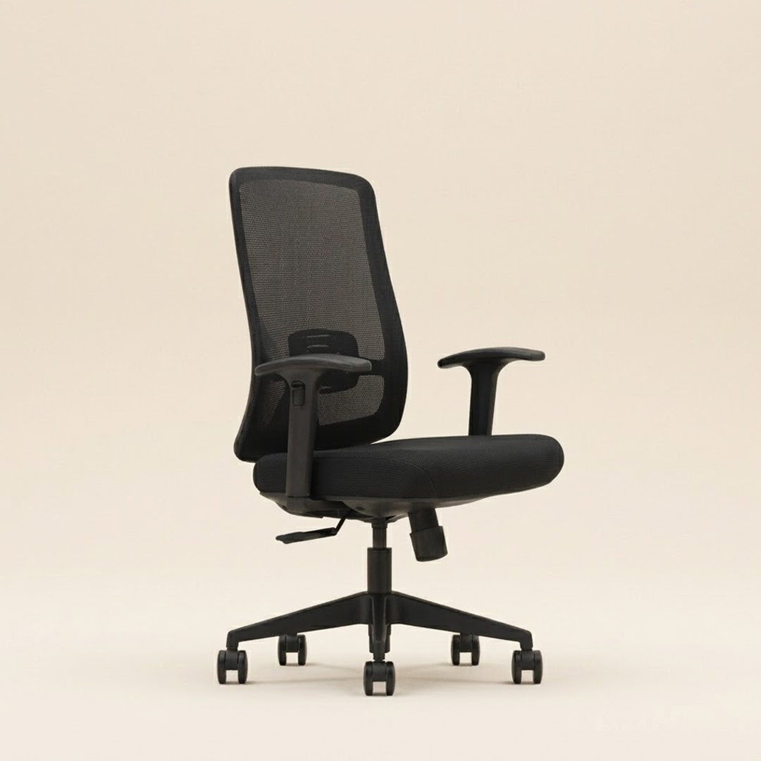 A modern black mesh office chair with adjustable armrests, a padded seat, and a five-star wheeled base, photographed against a solid light beige background.