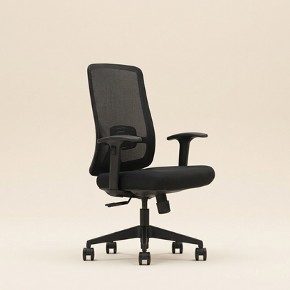 A modern black mesh office chair with adjustable armrests, a padded seat, and a five-star wheeled base, photographed against a solid light beige background.