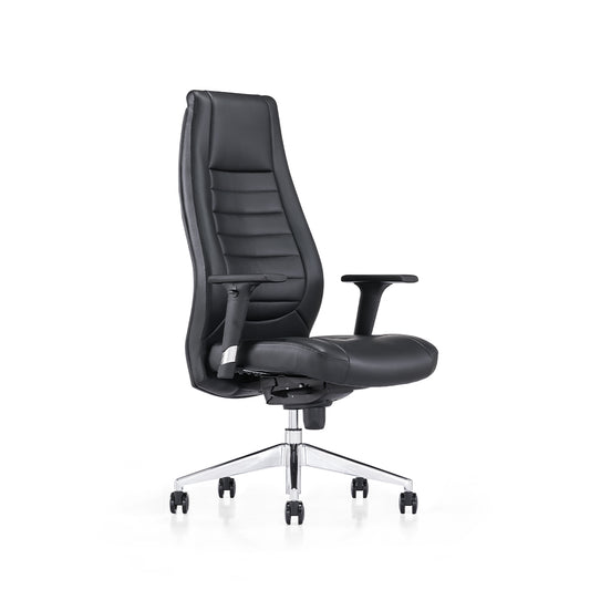 A black faux-leather high-back office chair with a ribbed backrest, adjustable armrests, and a chrome five-star base with casters, shown against a plain white background.